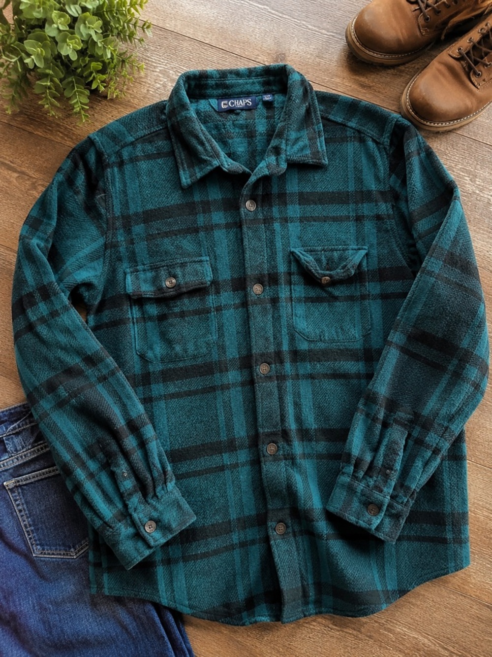 Chaps Plaid Fleece Shirt Jacket Green Black Button Front XL
